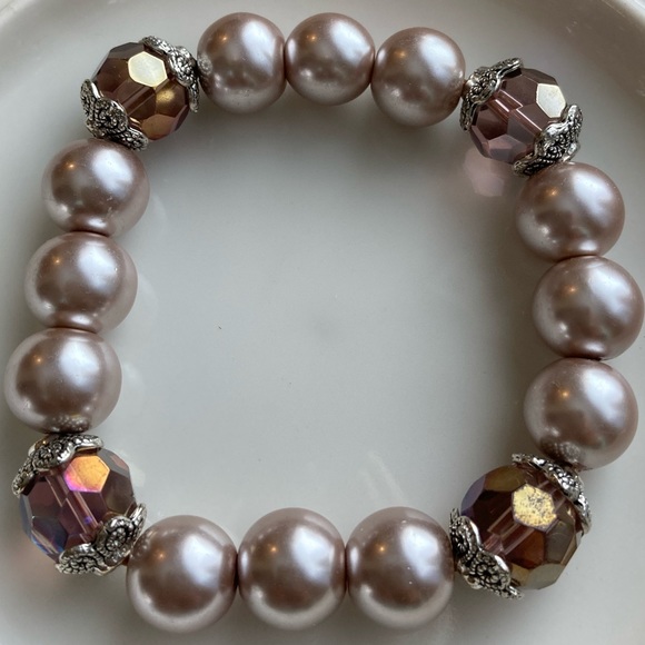 Faux Champagne Pearl & Crystal Stretch Bracelet - Picture 1 of 6